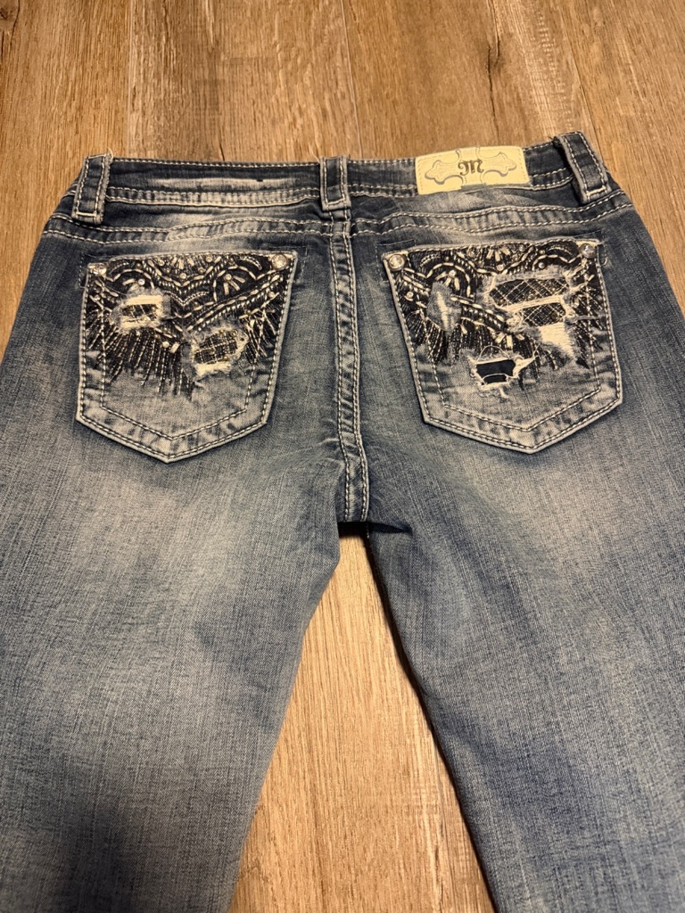 Miss Me Light Blue Distressed Signature Boot Embroidered Back-Pocket Jeans